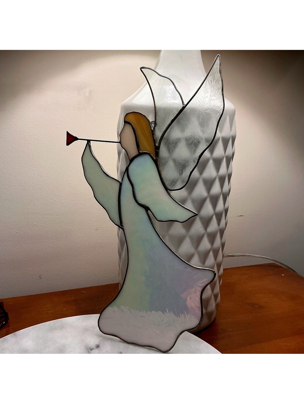 Stunning Large 12” Vintage Iridescent Stained Glass Winter Angel Sun Catcher
